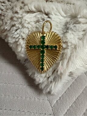 Allie+Bess Gold Heart Pendant with Green Gemstone Cross Accent